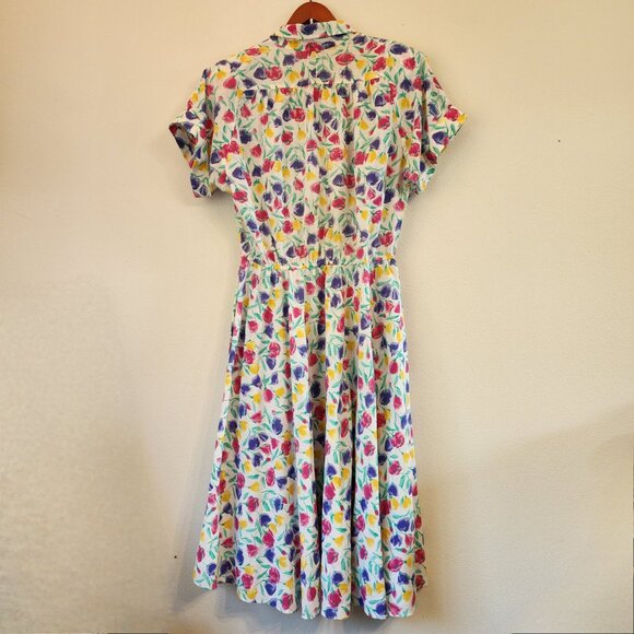 Vtg 70's Fit Flare Midi Shirt Dress Floral Colorful Collar Women M Retrolook - Picture 11 of 14